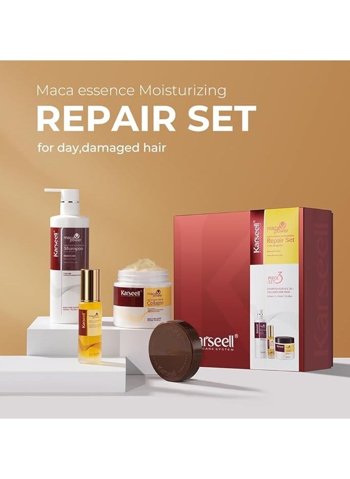 Karseell - Karseell Maca Essence Moisturizing Repair Set, Collagen Hair Mask 500ml, Shampoo 500ml & Maca Essence Oil 50ml - Image 1