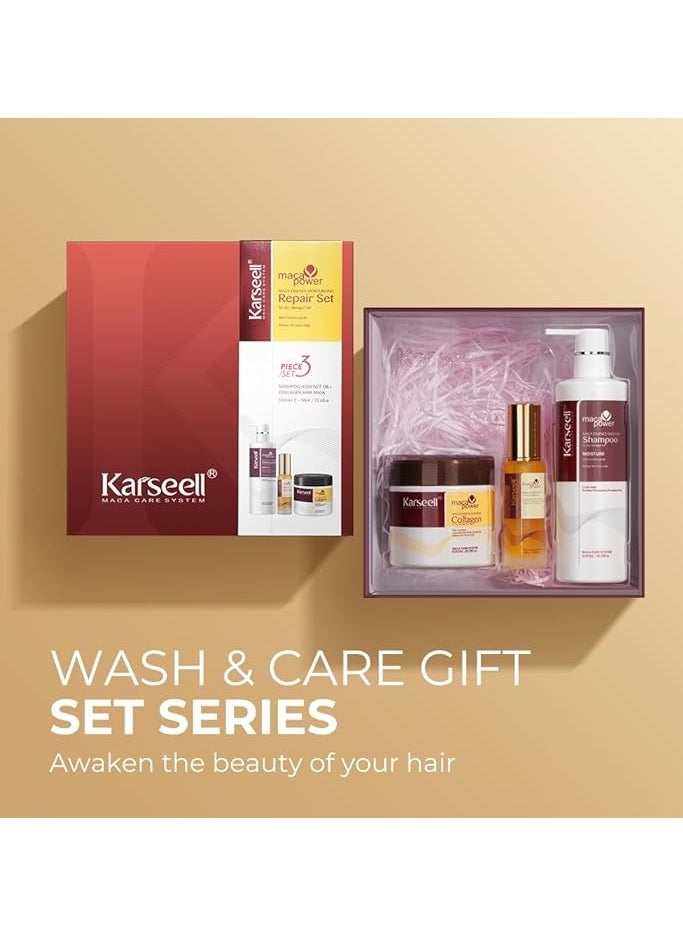 Karseell - Karseell Maca Essence Moisturizing Repair Set, Collagen Hair Mask 500ml, Shampoo 500ml & Maca Essence Oil 50ml - Image 1