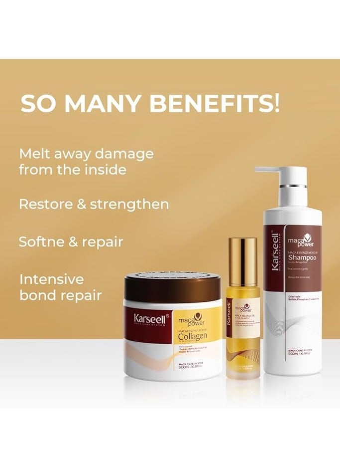 Karseell - Karseell Maca Essence Moisturizing Repair Set, Collagen Hair Mask 500ml, Shampoo 500ml & Maca Essence Oil 50ml - Image 1