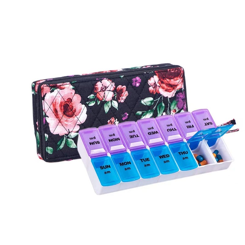 ZUMD Weekly 7 Day Pill Organizer Case 2 Times a Day (AM/PM), Large Portable Cute Pill Box 7 Day for Vitamin&Medicine, Pill Case with Quilted Fabric Zipper Cute Bag for Travel or Daily - Image 1