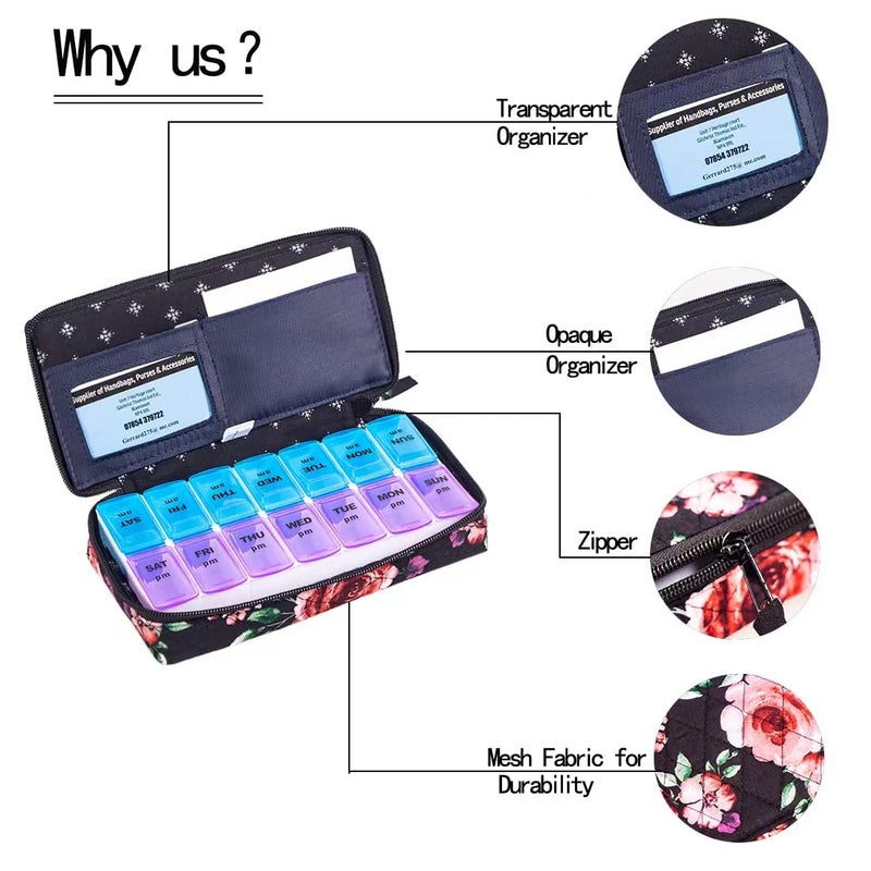 ZUMD Weekly 7 Day Pill Organizer Case 2 Times a Day (AM/PM), Large Portable Cute Pill Box 7 Day for Vitamin&Medicine, Pill Case with Quilted Fabric Zipper Cute Bag for Travel or Daily - Image 3