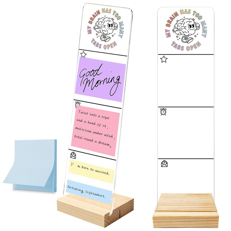 HTBIG Monitor Memo Board with Removable Wooden Base Acrylic Portable Sticky Note Holder, My Brain Has Too Many Tabs Open Logo Office Desk Desk Set Sticky Notes 100 Sheets - Image 1