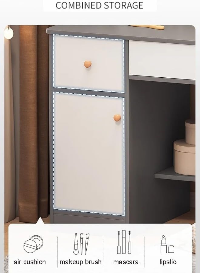 Jorunb LED Makeup Vanity Set with Mirror, Wooden Dressing Table with 2 Drawers and 1 Cabinet Makeup Desk for Bedroom Modern Design (Gray 100*40*128cm) - Image 5