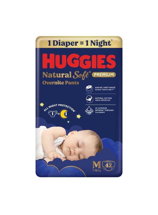 Huggies Natural Soft Overnite Diaper Pants| Premium Pant Style Baby Diapers Medium Size (M Size | 7-12 Kgs), 42 count| Keeps baby dry all night with cloud softness all over