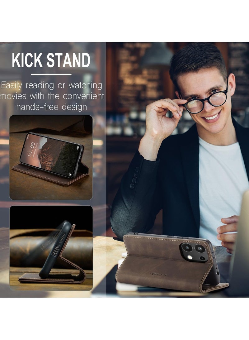 CaseMe Phone Case Luxury PU Leather Design 013 Flip Cover Card Slot Holder Cover For Redmi Note 13 Pro 4G / Poco M6 Pro 4G (Coffe) - Image 2