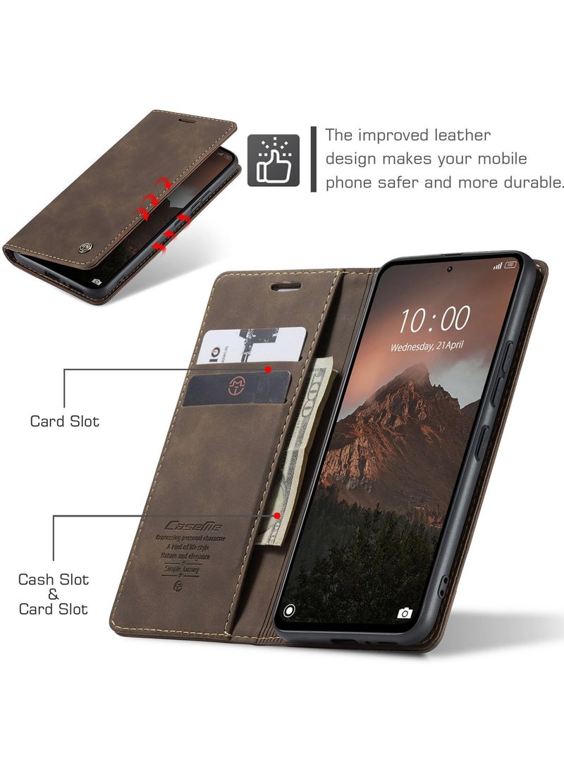 CaseMe Phone Case Luxury PU Leather Design 013 Flip Cover Card Slot Holder Cover For Redmi Note 13 Pro 4G / Poco M6 Pro 4G (Coffe) - Image 5