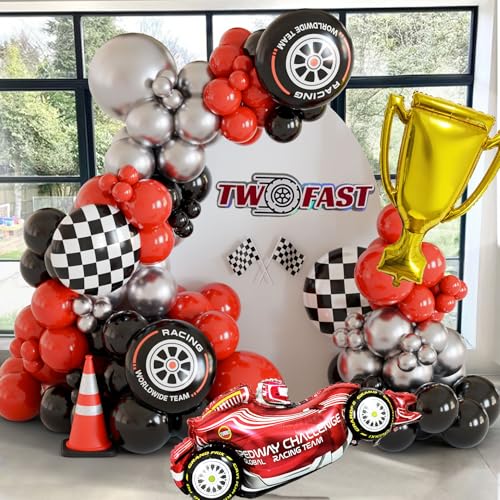 Ceeulvu Race Car Balloon Arch Kit Tow Fast Balloon Decoration Red Black Silver Balloons with CarTrophyChechered FlagTire Foil Balloons Garland For Boy Birthday Racing Party - Image 1