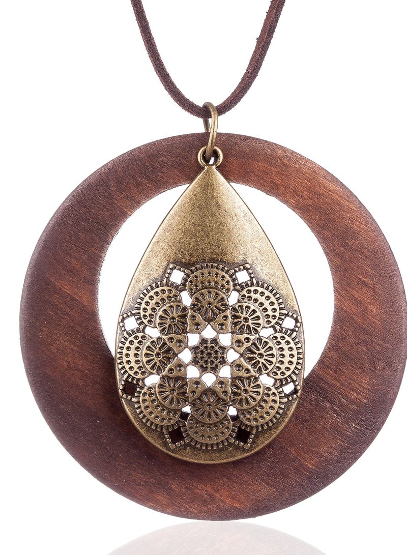 SYOSI Womens Pendant Necklace Wood Handmade Jewelry Long Rope Sweater Necklace for Woman Gift,Vintage Style Women, Jewelry,Wood Waterdrop Alloy Pendant Sweater Chain - Image 1