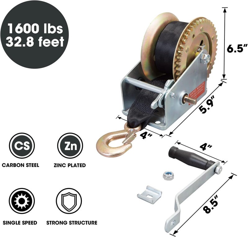 BIG RED ATRT1161SR 1600lbs Capacity Heavy Duty Steel Cable Manual Hand Crank Winch with 32.8ft Nylon Strap and Two-Way Ratchet for Boats, Trailers, Trucks, ATVs - Image 2