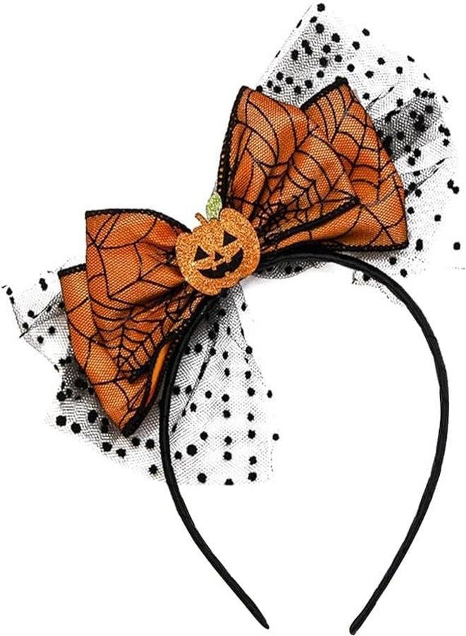 Macute Halloween Headband Pumpkin Black Spider Web Headband for Women Girls Big Bow Hair Band Hair Accessories Halloween Party Head Bands Halloween Outfits for Women 1PCS - Image 1