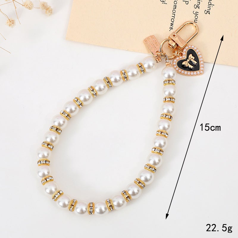 Chic Pearl Flower Bead Charm Phone Case Keychain K1961 gold diamond ring pearl chain pendant black heart