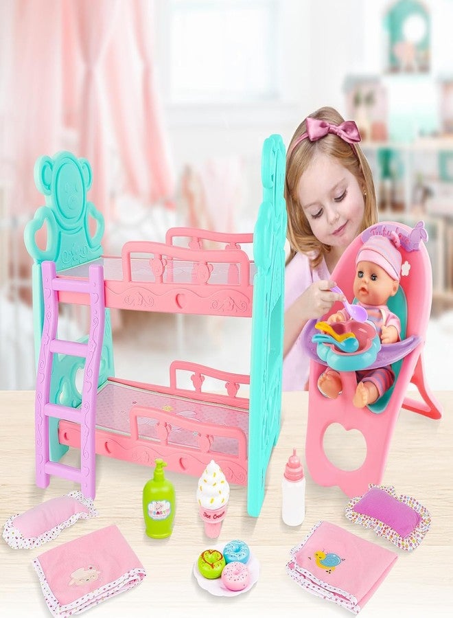 deAO Baby Doll Bunk Bed Crib & High Chair,Doll Furnitures Accessories Bed Doll Crib for Twin Dolls fits 12 13 14 Inch - Image 2