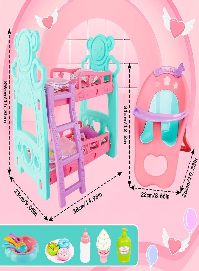 deAO Baby Doll Bunk Bed Crib & High Chair,Doll Furnitures Accessories Bed Doll Crib for Twin Dolls fits 12 13 14 Inch - Image 4