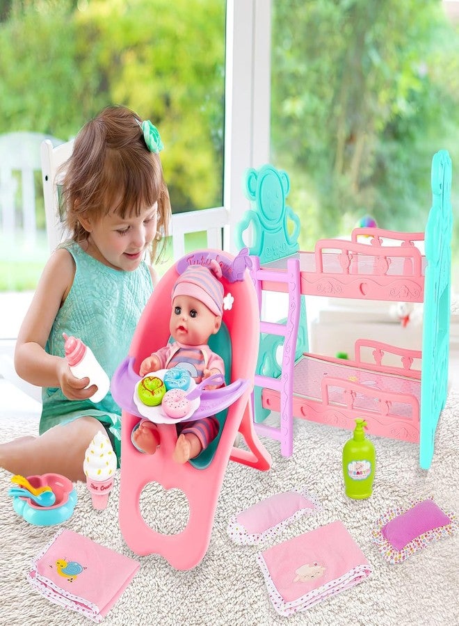 deAO Baby Doll Bunk Bed Crib & High Chair,Doll Furnitures Accessories Bed Doll Crib for Twin Dolls fits 12 13 14 Inch - Image 5