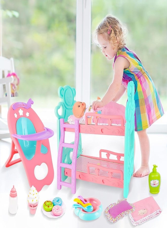 deAO Baby Doll Bunk Bed Crib & High Chair,Doll Furnitures Accessories Bed Doll Crib for Twin Dolls fits 12 13 14 Inch - Image 3
