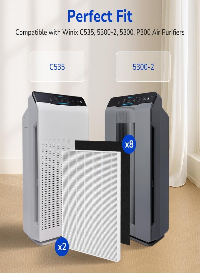 فلتر بديل Fil-Fresh 115115 A، متوافق مع أجهزة تنقية الهواء Winix Plasmawave C535، 5300، 5300-2، 6300، 6300-2، P300، AM90، C909، 9800، فلتران HEPA حقيقيان + 8 فلاتر كربون نشط - Image 2