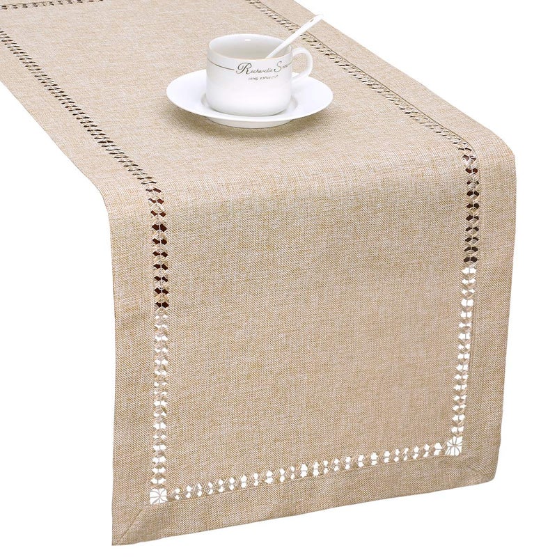 Grelucgo Handmade Hemstitch Beige Table Runner Rectangular 14 by 90 Inch