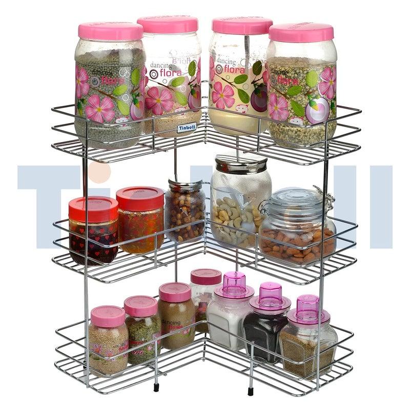 Tinbell Stainless Steel 3 Layer L Shape Corner Stand Stainless Steel L Corner for Multipurpose Storage Rack for Kitchen Bathroom 3 Layer - Image 3