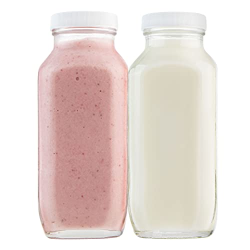 kitchentoolz 16oz Square Glass Milk Bottle with Lid - Airtight Vintage Reusable Dairy Drinking Jars Containers for Milk, Yogurt, Smoothies, Juice, Kefir, & Water -2 Pack 16 oz Glass Bottles with Lids - Image 1
