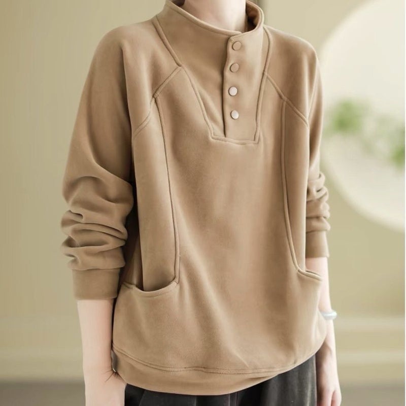 2025 New Half-high Collar Button Velvet Warm Sweater Womens Loose Meat Covering Design Sense Pocket Top for Women Brown - Image 1