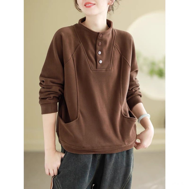 2025 New Half-high Collar Button Velvet Warm Sweater Womens Loose Meat Covering Design Sense Pocket Top for Women Brown - Image 3