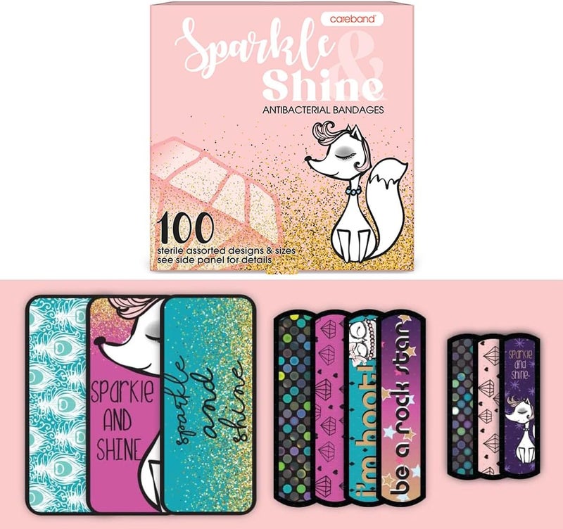 Care Science Sparkle  Shine Antibacterial Kids Bandages 3 Assorted Sizes 100 CT  Wear Like Stickers Flexible Adhesive Bandages for Minor Cuts Scrapes and Burns Great Gift idea for Kids - Image 1