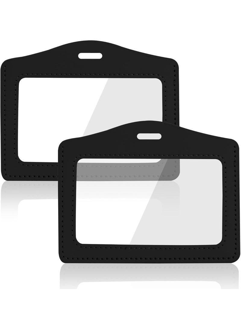 KISSUN Genuine Leather ID Badge Holder Horizontal, Clear Card Holder, Waterproof Name Badge Holder, for Office, Staff, Students, Employees 2 Pcs Black - Image 1
