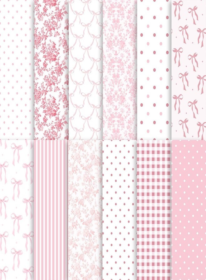 Fabllewavi 24 Sheets Pink Bow Floral Scrapbook Paper, Pink Ribon and Floral Decorative Craft Paper Folded Flat for Birthday Wedding Baby Shower Card Making Photo Album Decor, 12'' x 12'' - Image 1