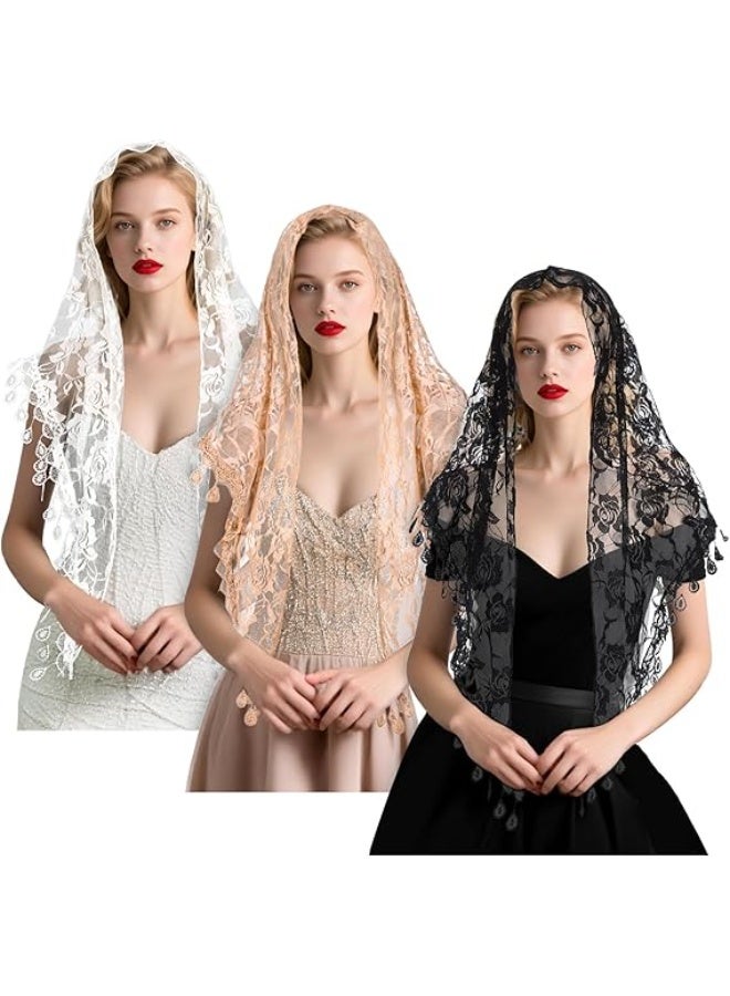 Mantilla كاثوليكية كنيسة الحجاب, 3pcs كتلة الحجاب المثلث, الدانتيل تول كاتدرائية رأس تغطية, زهرة الوشاح تغطية, اللاتينية حزام الرأس لعرابات العراس, الأبيض والأسود والوردي - Image 1