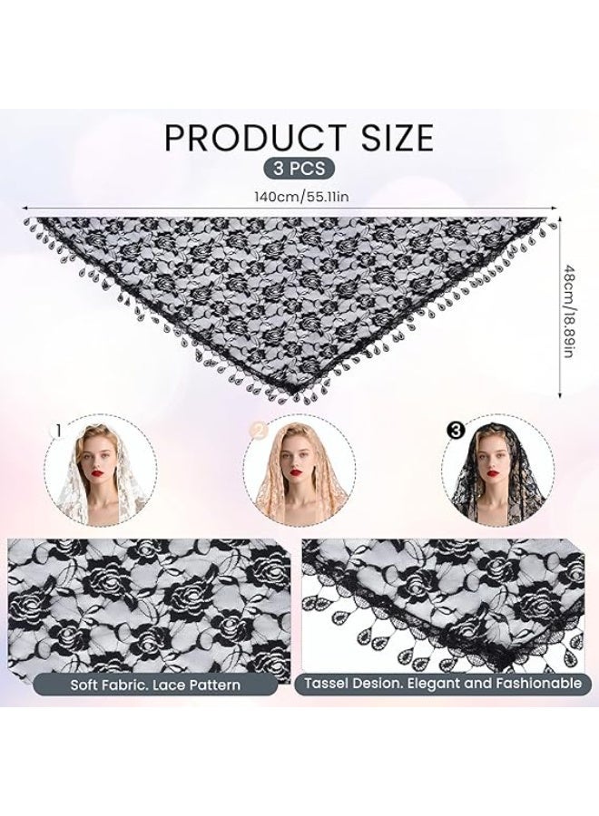 Mantilla كاثوليكية كنيسة الحجاب, 3pcs كتلة الحجاب المثلث, الدانتيل تول كاتدرائية رأس تغطية, زهرة الوشاح تغطية, اللاتينية حزام الرأس لعرابات العراس, الأبيض والأسود والوردي - Image 3