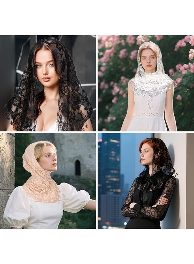 Mantilla كاثوليكية كنيسة الحجاب, 3pcs كتلة الحجاب المثلث, الدانتيل تول كاتدرائية رأس تغطية, زهرة الوشاح تغطية, اللاتينية حزام الرأس لعرابات العراس, الأبيض والأسود والوردي - Image 2