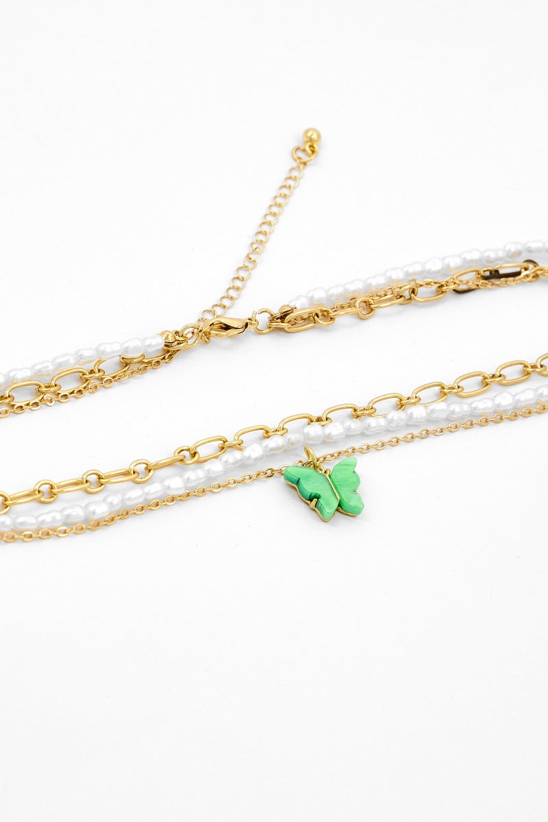 Caracol Triple Chain Pendant With Butterfly, White/Gold/Green  - Image 2
