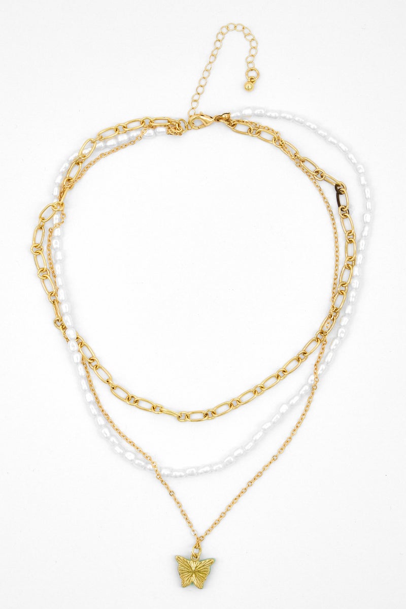 Caracol Triple Chain Pendant With Butterfly, White/Gold/Green  - Image 3