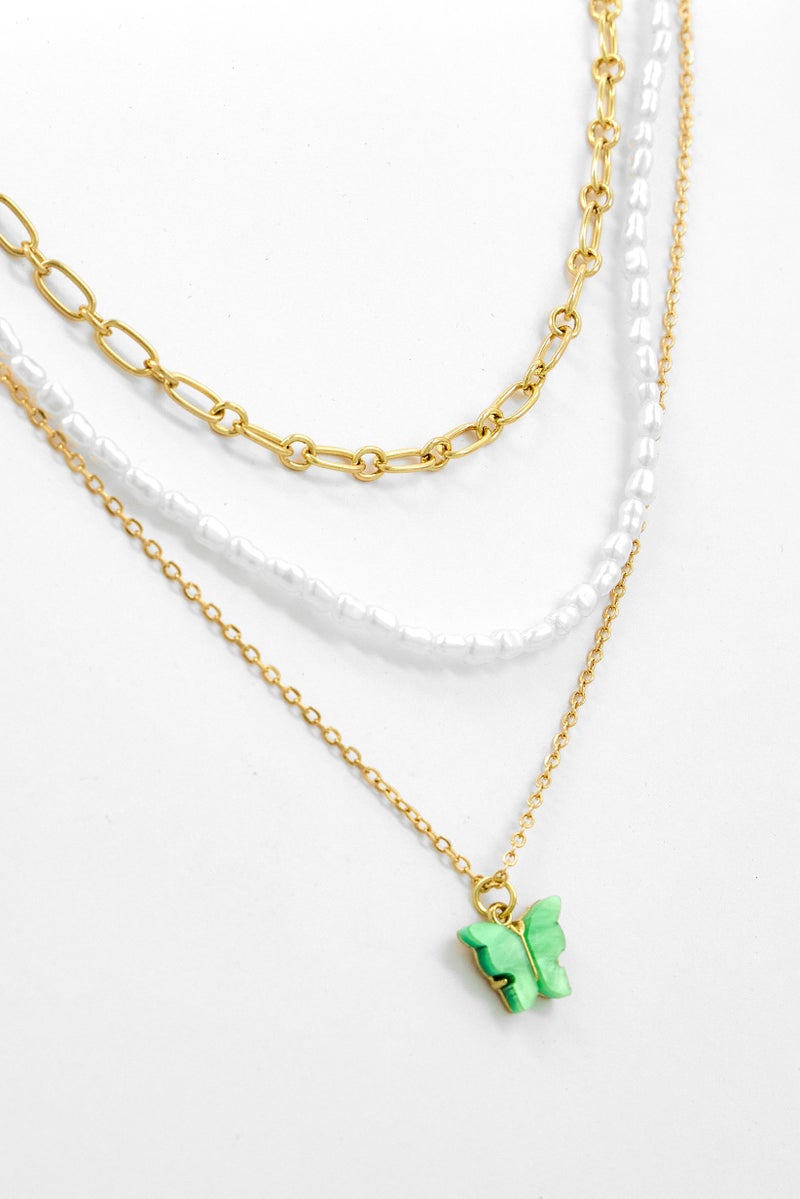 Caracol Triple Chain Pendant With Butterfly, White/Gold/Green  - Image 1