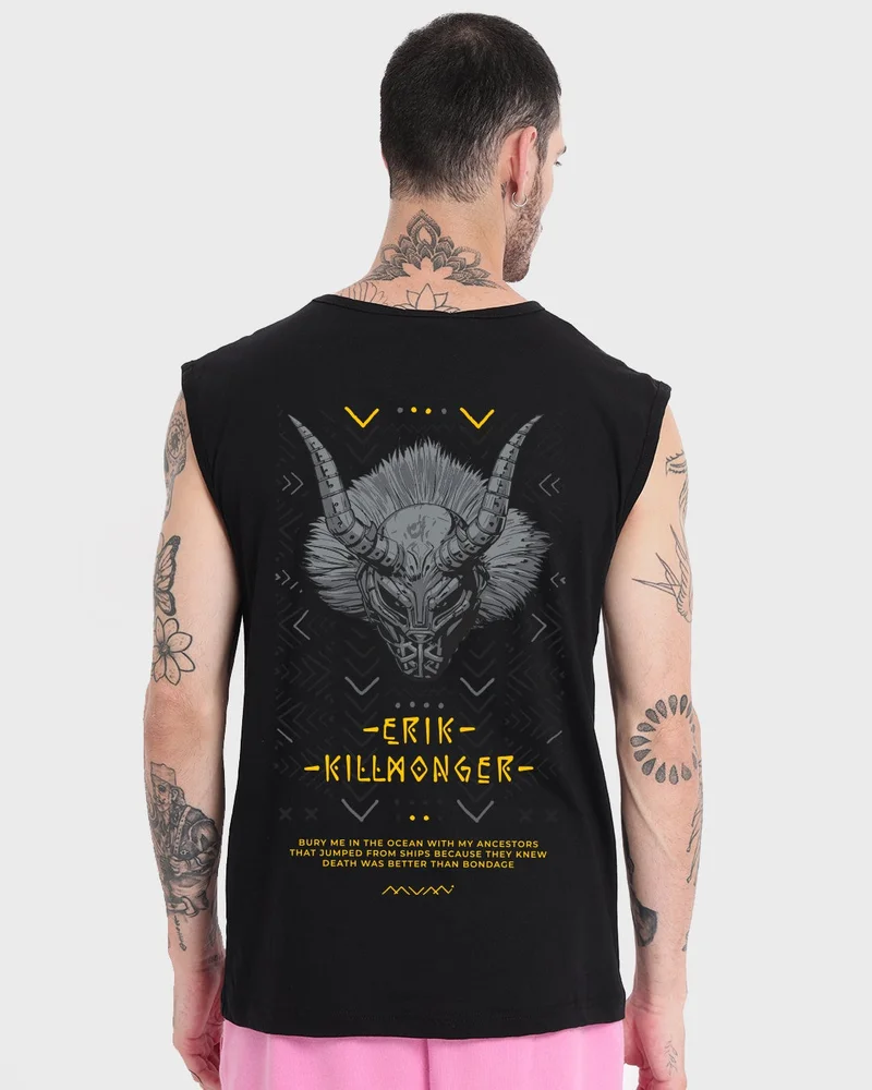 bewakoof  Men's Black Killmonger Graphic Printed Oversized Vest for Men | Best Price UAE