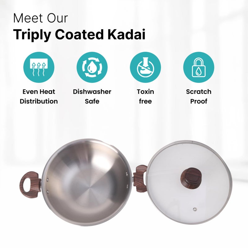 The Better Home 2.5mm Triply Kadai (2.6L-24cm) with Glass Lid | Tryply SS Kadai With Heavy Bottom | Gas & Induction Kadhai For Deep Frying | Karahi For Kitchen | Triply Stainless Steel Cookware (Blue) - Image 3