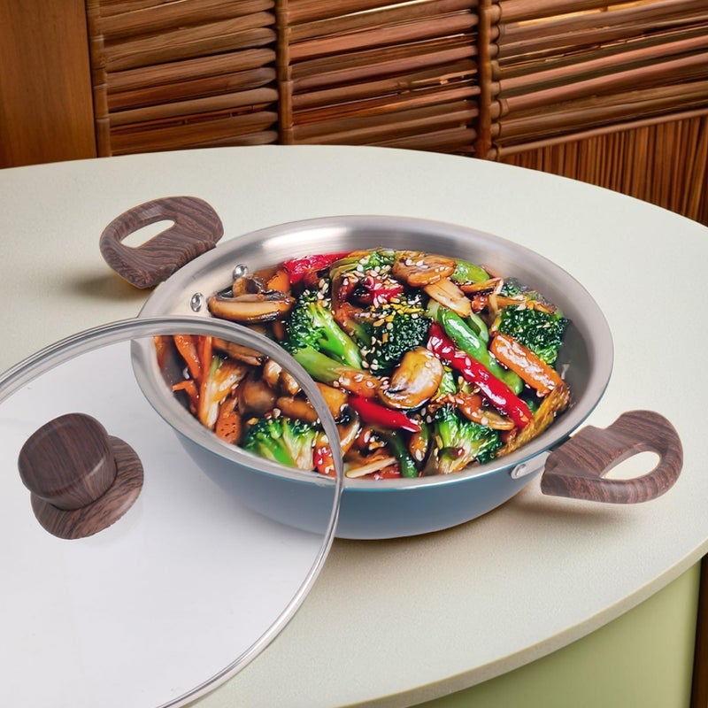 The Better Home 2.5mm Triply Kadai (2.6L-24cm) with Glass Lid | Tryply SS Kadai With Heavy Bottom | Gas & Induction Kadhai For Deep Frying | Karahi For Kitchen | Triply Stainless Steel Cookware (Blue) - Image 2