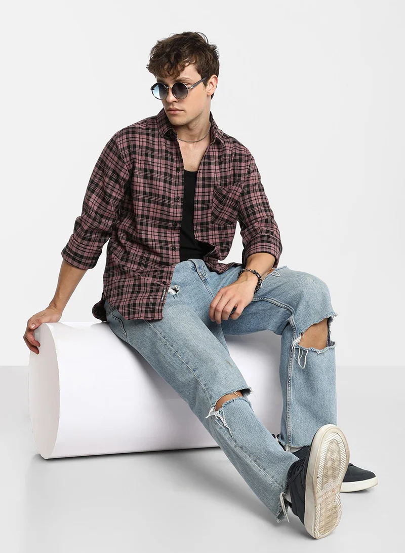 كامبوس سوترا Men's Mauve Pink & Charcoal Black Tartan Plaid Shirt