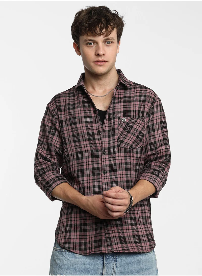 Campus Sutra Men's Mauve Pink & Charcoal Black Tartan Plaid Shirt