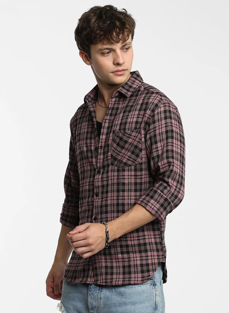 كامبوس سوترا Men's Mauve Pink & Charcoal Black Tartan Plaid Shirt