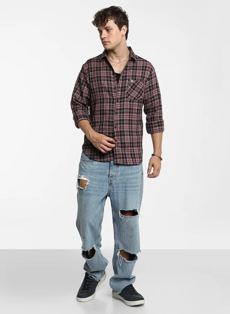 كامبوس سوترا Men's Mauve Pink & Charcoal Black Tartan Plaid Shirt
