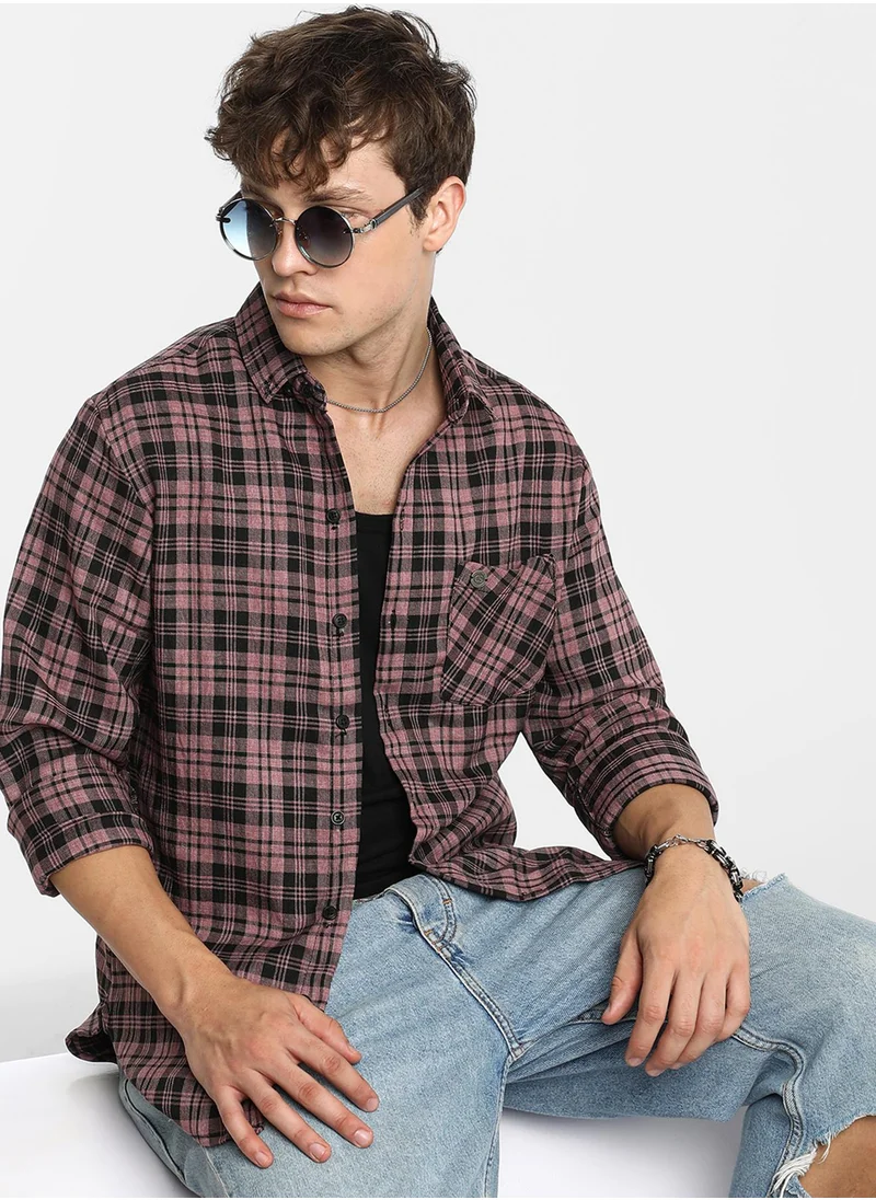 Campus Sutra Men's Mauve Pink & Charcoal Black Tartan Plaid Shirt