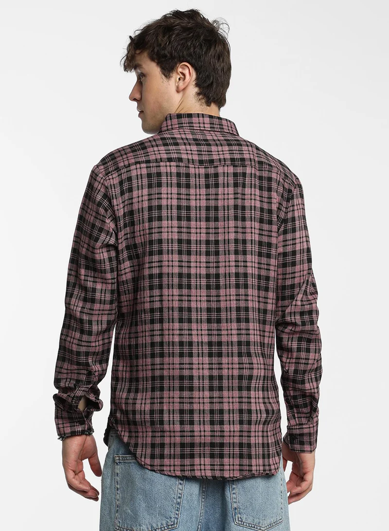 كامبوس سوترا Men's Mauve Pink & Charcoal Black Tartan Plaid Shirt