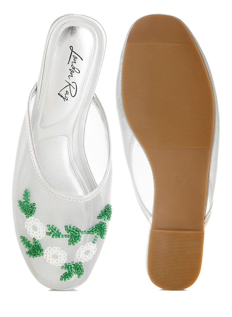 London Rag Mesh Sequin Beaded Mules in Silver
