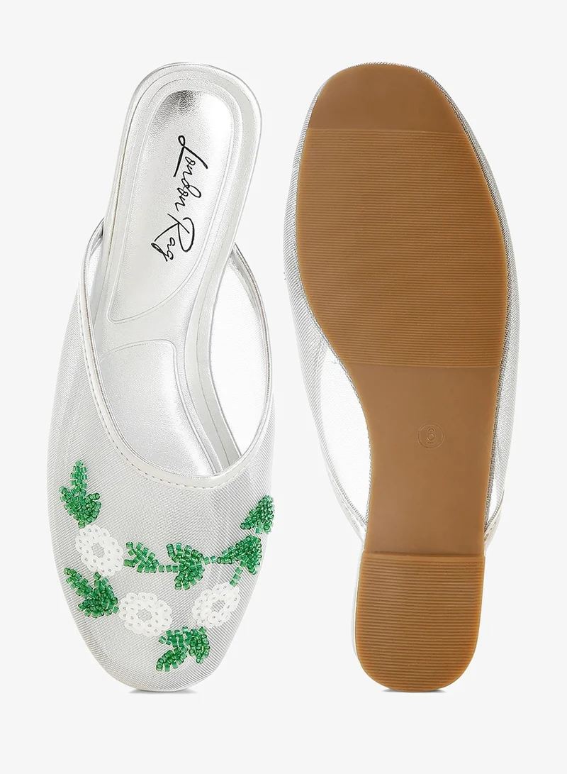 London Rag Mesh Sequin Beaded Mules in Silver