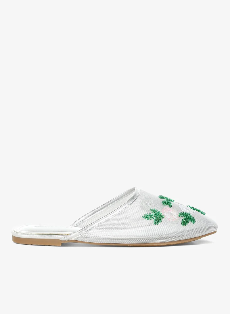 Mesh Sequin Beaded Mules in Silver