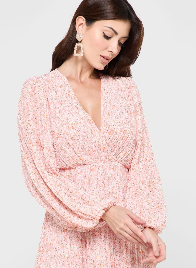 boohoo Floral Print Pleated Dress