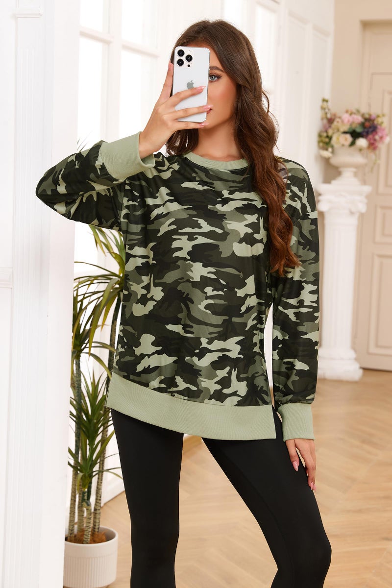 ECOWISH Women Side Split Sweatshirt: Fall Crewneck Long Sleeve Oversized Camo Shirts Casual Camouflage Print Pullover Tops 017 Beige L 472 Army Green M - Image 2
