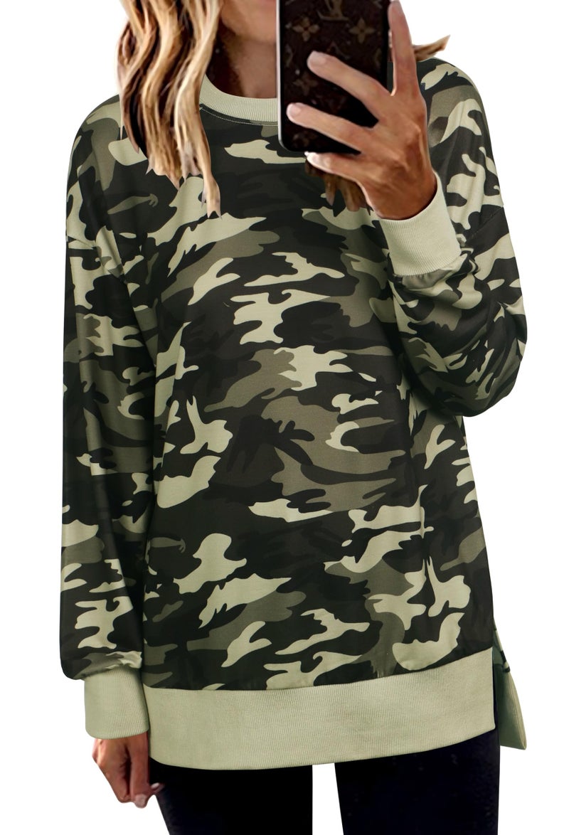ECOWISH Women Side Split Sweatshirt: Fall Crewneck Long Sleeve Oversized Camo Shirts Casual Camouflage Print Pullover Tops 017 Beige L 472 Army Green M - Image 1