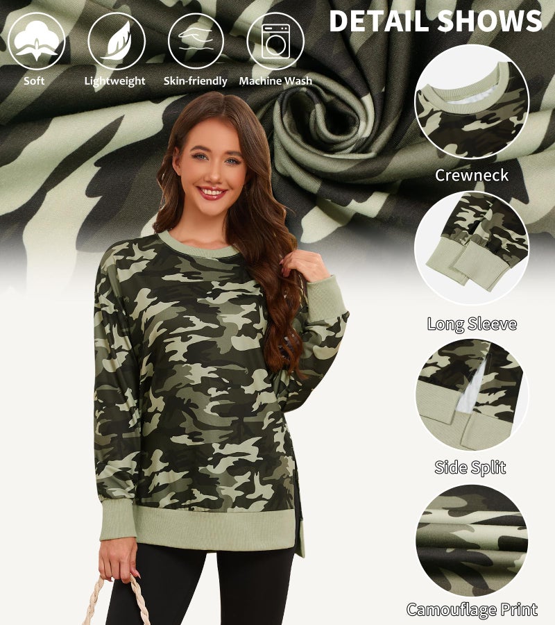 ECOWISH Women Side Split Sweatshirt: Fall Crewneck Long Sleeve Oversized Camo Shirts Casual Camouflage Print Pullover Tops 017 Beige L 472 Army Green M - Image 5